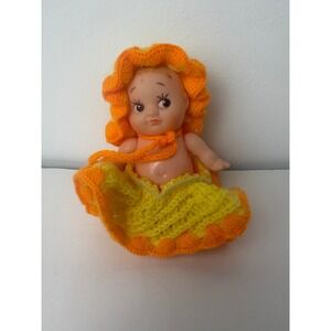 Vintage Kewpie Baby Doll‎ Orange Yellow Crochet Dress & Hat Made in Taiwan